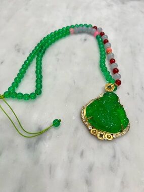 Jade Green Carved Buddha Pendant Necklace with Multicolor Beads - Jade